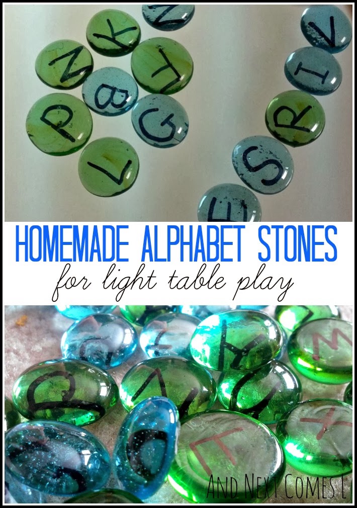 Homemade alphabet stones for light table play from And Next Comes L