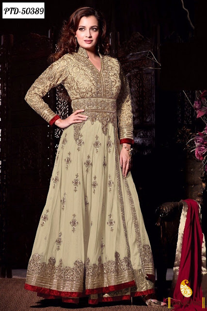 Diwali and new year 2015 bollywood actress Dia Mirza special cream santoon long anarkali salwar suit online with discount offer sale at pavitraa.in