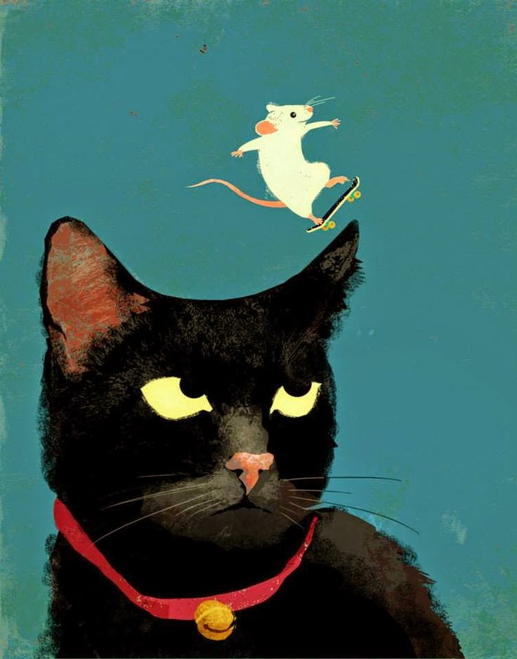 a mouse skateboarding on a cat's head illustration by Eva Vázquez 