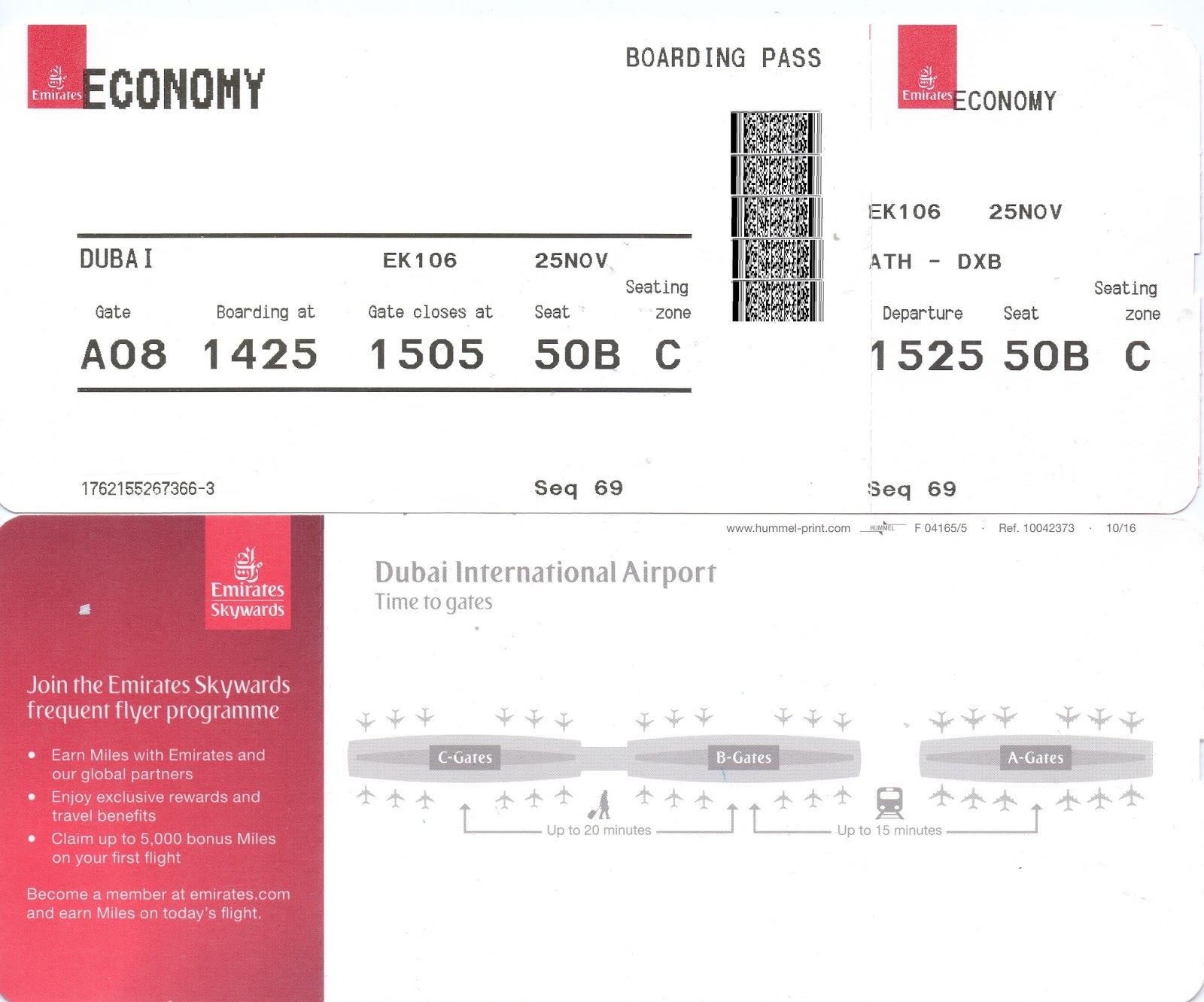 The traveler's drawer EMIRATES. Boarding pass for the flight EK106