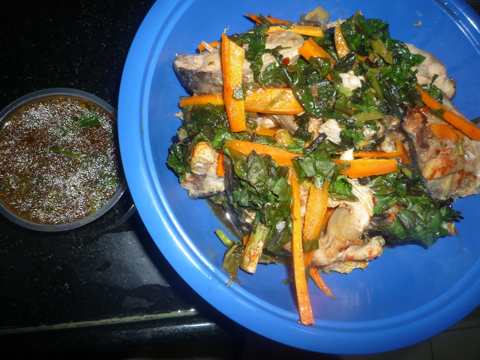 G'Gina's Baked Rohu fish with toasted veggies in fish sauce