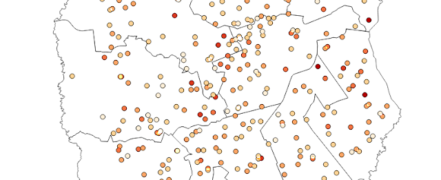 mapa com os 415 locais de votação em curitiba, com as urnas das 4018 seções eleitorais divididas nas 10 zonas eleitorais da cidade. cores mais fortes são onde tem votam mais eleitores