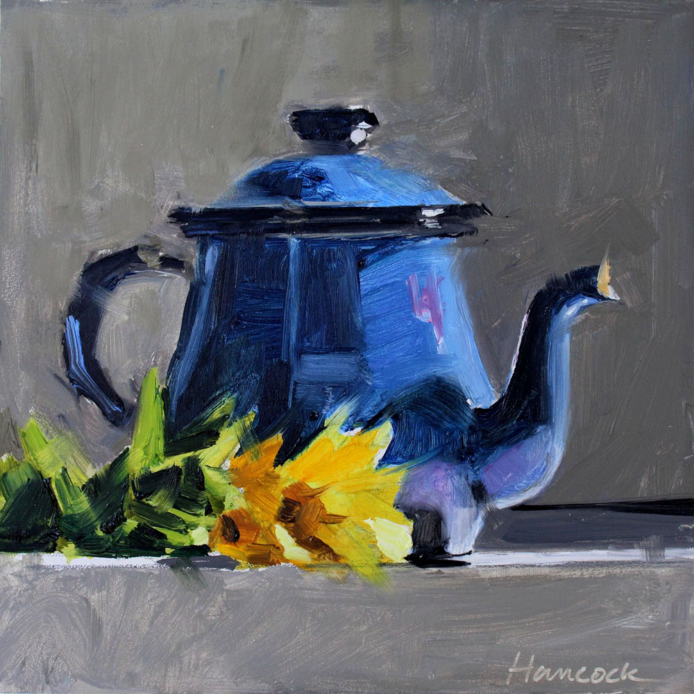 Gretchen Hancock's Paintings Blue Teapot with Sunflowers on Gray SOLD