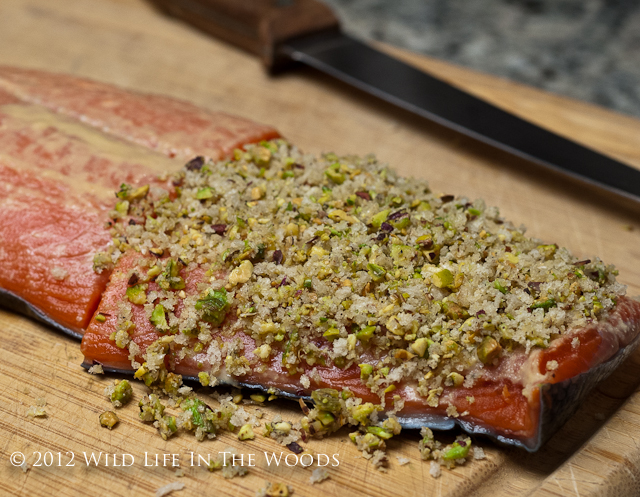 A salmon recipe that is first pan roasted, then finished in the oven. The crust, consisting of simply Dijon mustard and pistachios is perfection.