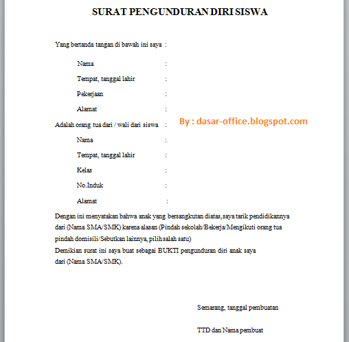  Download Form Surat Pernyataan Mengundurkan Diri dari Sekolah (Doc