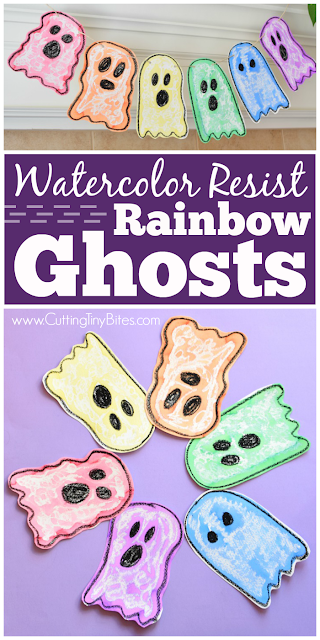 Halloween Rainbow Ghost Garland Craft with Watercolor Resist.  Fun art project for toddlers, preschoolers, or elementary kids for Halloween- bright and cheerful, not spooky!
