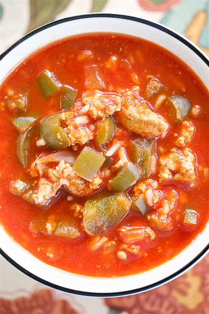 Stuffed Pepper Soup - ready in 30 minutes! Ground turkey, green peppers, onion, garlic, tomato soup, beef broth, crushed tomatoes and brown rice. SO good!! Great for a crowd!!