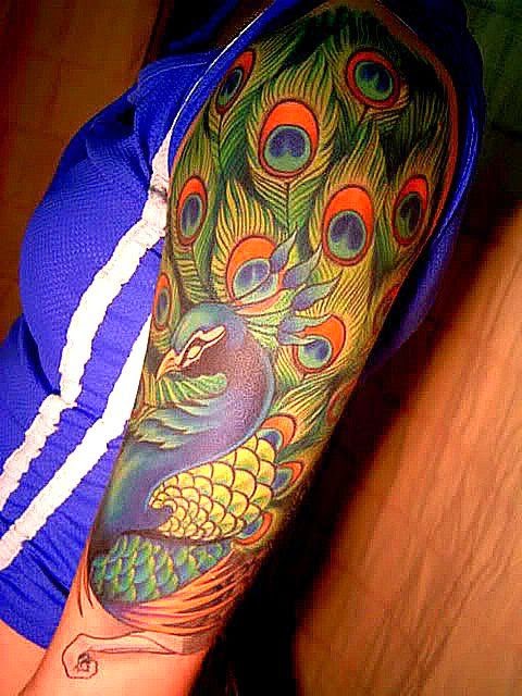 Peacock Tattoo Design on Sleeve, Beautiful Sleeve Peacock Tattoos, Tattoos of Blue Color Peacock, Birds, Parts,