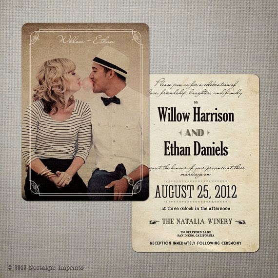invitación de boda vintage personalizada con foto de los novios