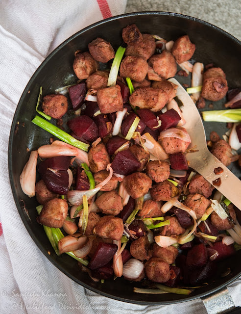 beet root stirfry with soy nuggets and spring onions 