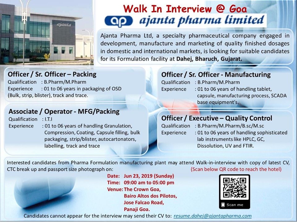 Ajanta Pharma Ltd Walk In Interviews Manufacturing Qc Mfg Packing On 23rd Jun 2019 Goa