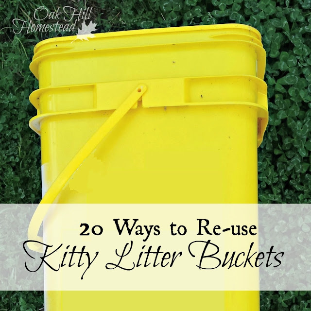 A yellow cat litter bucket and the words "20 ways to re-use kitty litter buckets"