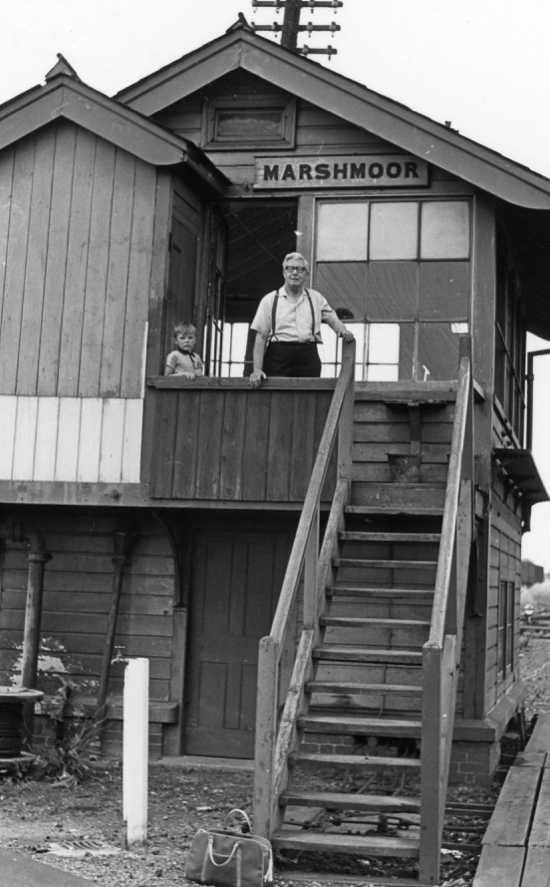 Photograph of Marshmoor signal box Marshmoor signal box on the west side of the down line. Pictured is the signal man Mr Temple. July 1967