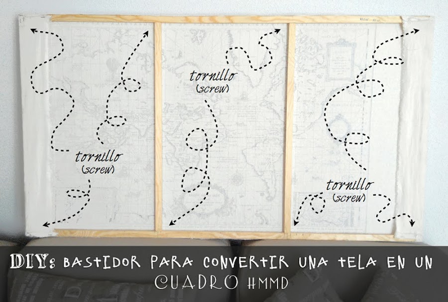 Marco diy con un mapa de tela, crea tu propio bastidor con listones de pino para enmarcar tela y hacer un cuadro personal y original, inspiración HMMD Handmademaniadecor, diy frame, make your own stretcher with strips and fabric by HMMD