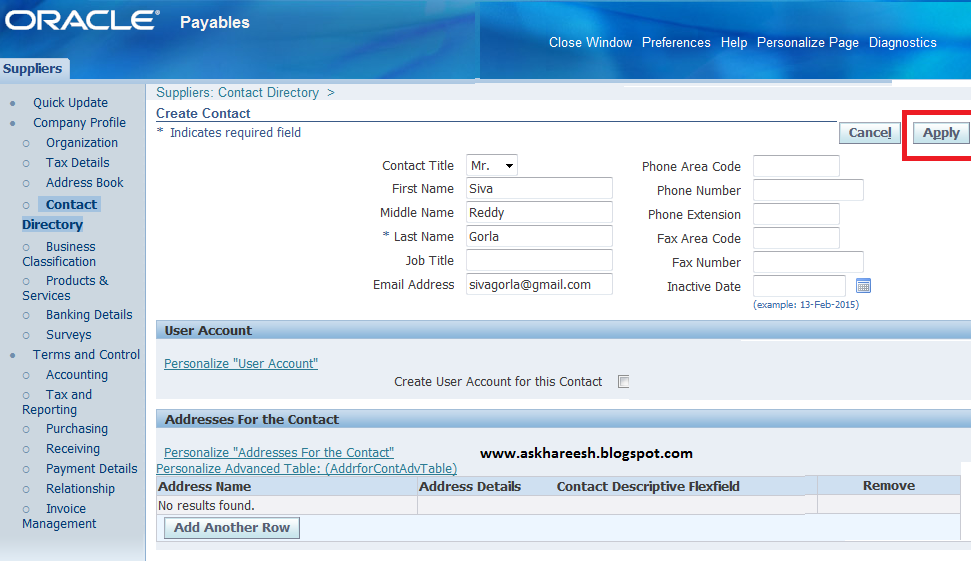 Supplier Creation in Oracle Apps R12, www.askhareesh.com