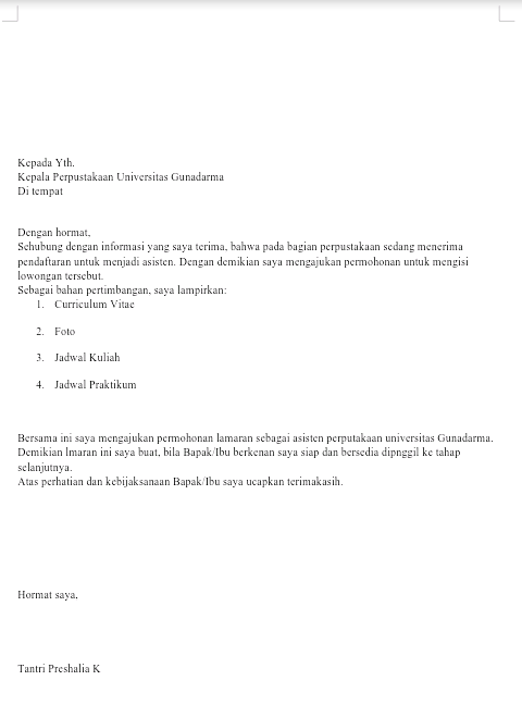 Contoh Surat Lamaran Kerja Asisten Lab Gunadarma Kumpulan