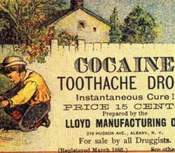 Propaganda de drops de cocaína em 1885: promessa de combate às dores.