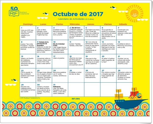 "Calendario de actividades de Octubre de 2017" (Para trabajar la lectura en Educación Infantil)