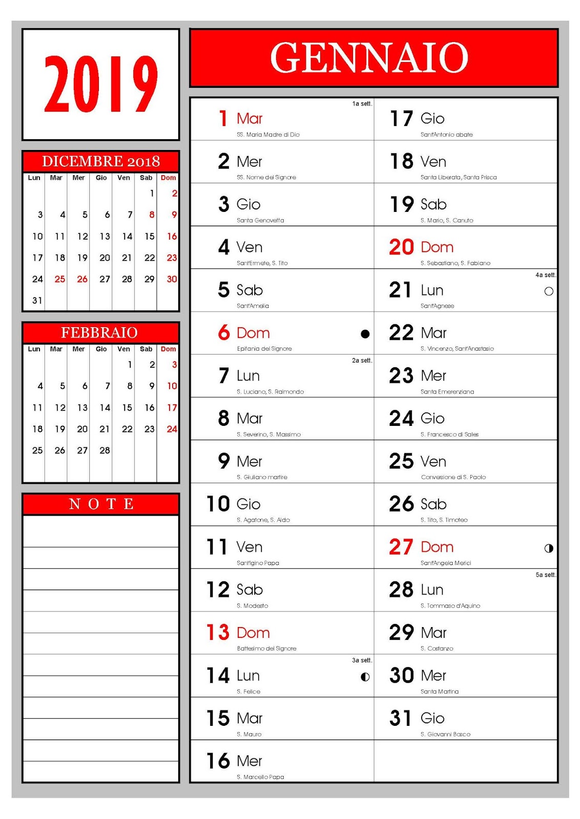 Calendario Calendario mensile Gennaio 2019