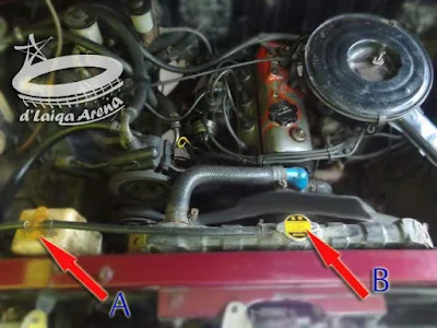 reservoir (A), tutup radiator (B)