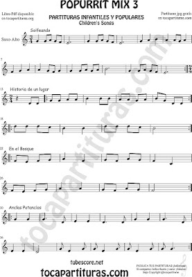 Saxofón Alto y Sax Barítono Partitura de Solfeando, Historia de un Lugar, En el Bosque y Anclas Potanclas Popurrí Mix 3 Sheet Music for Alto and Baritone Saxophone Music Scores