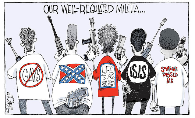 Title: A Well-Regulated Militia. Image: Row of heavily armed persons wearing tee shirts with various slogans: