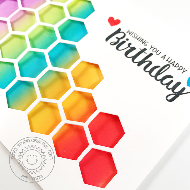 Sunny Studio Stamps: Quilted Hexagons Rainbow Ombre Birthday Cards by Amy Yang