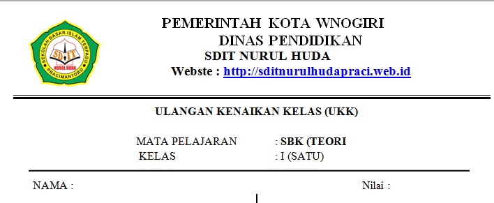 Soal Ukk Uas Semester 2 Sbk Kunci Kelas 1 Sd Mi Tahun Ajaran 2016 2017 Sekolah Dasar Islam