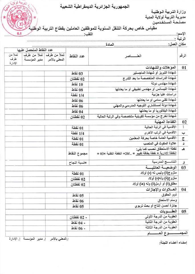 مقياس خاص بحركة التنقل السنوية للموظفين العاملين بقطاع التربية الوطنية مقياس خاص بحركة التنقل السنوية للموظفين العاملين بقطاع التربية الوطنية