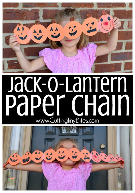 Halloween Jack-O-Lantern Paper Chain Craft. Simple paper craft garland for preschoolers, kindergarten, or elementary kids. Make a string of pumpkins!