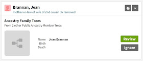 Screen capture from Ancestry Member Trees hints for Jean Brannan