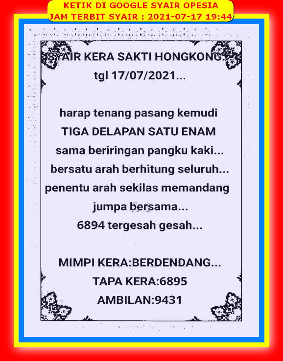Prediksi Hongkong Sabtu 17 Juli 2021 Prediksi Jostoto