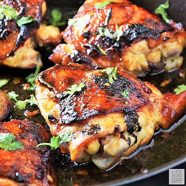 Easy Thai Chicken in skillet and garnished with cilantro