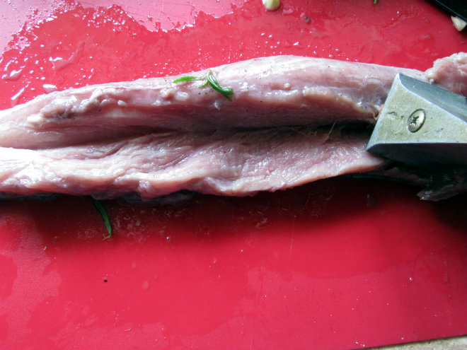 Mediterranean pork fillet by Laka kuharica:  With a sharp knife, cut along the longer edge of one side of the sirloin