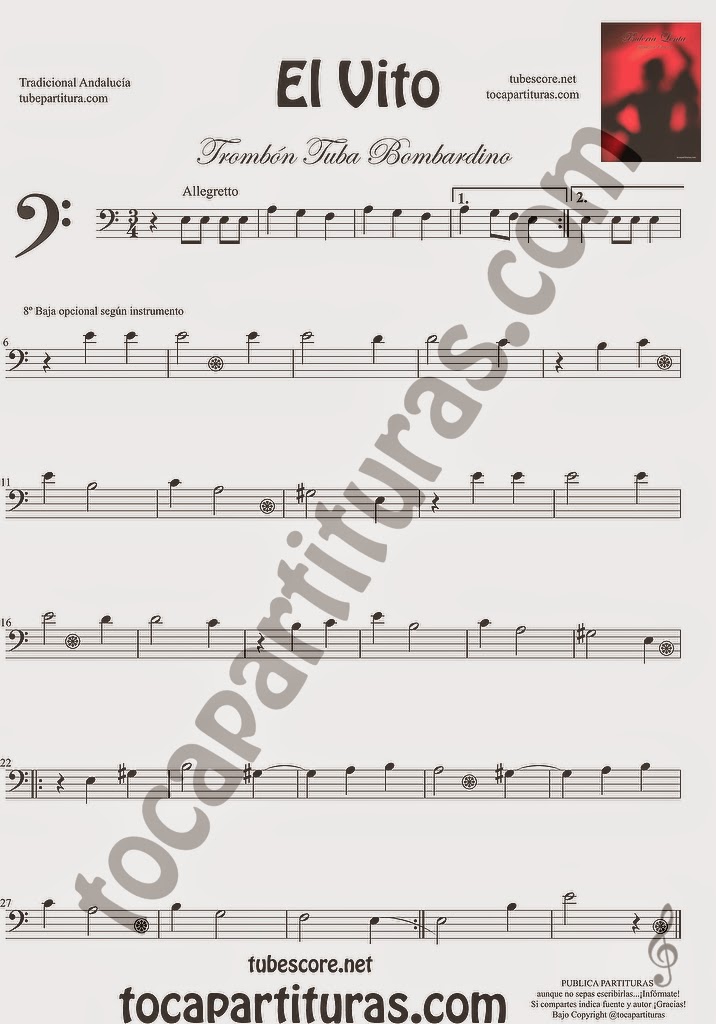  El Vito Partitura de Trombón, Tuba Elicón y Bombardino Sheet Music for Trombone, Tube, Euphonium Music Scores