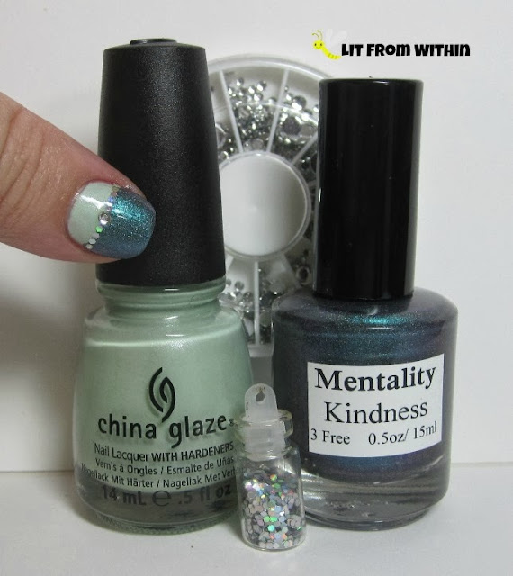 Bottle shot: China Glaze Keep Calm..Paint On, Mentality Kindness, rhinestones from Cult Nails, and glitter.