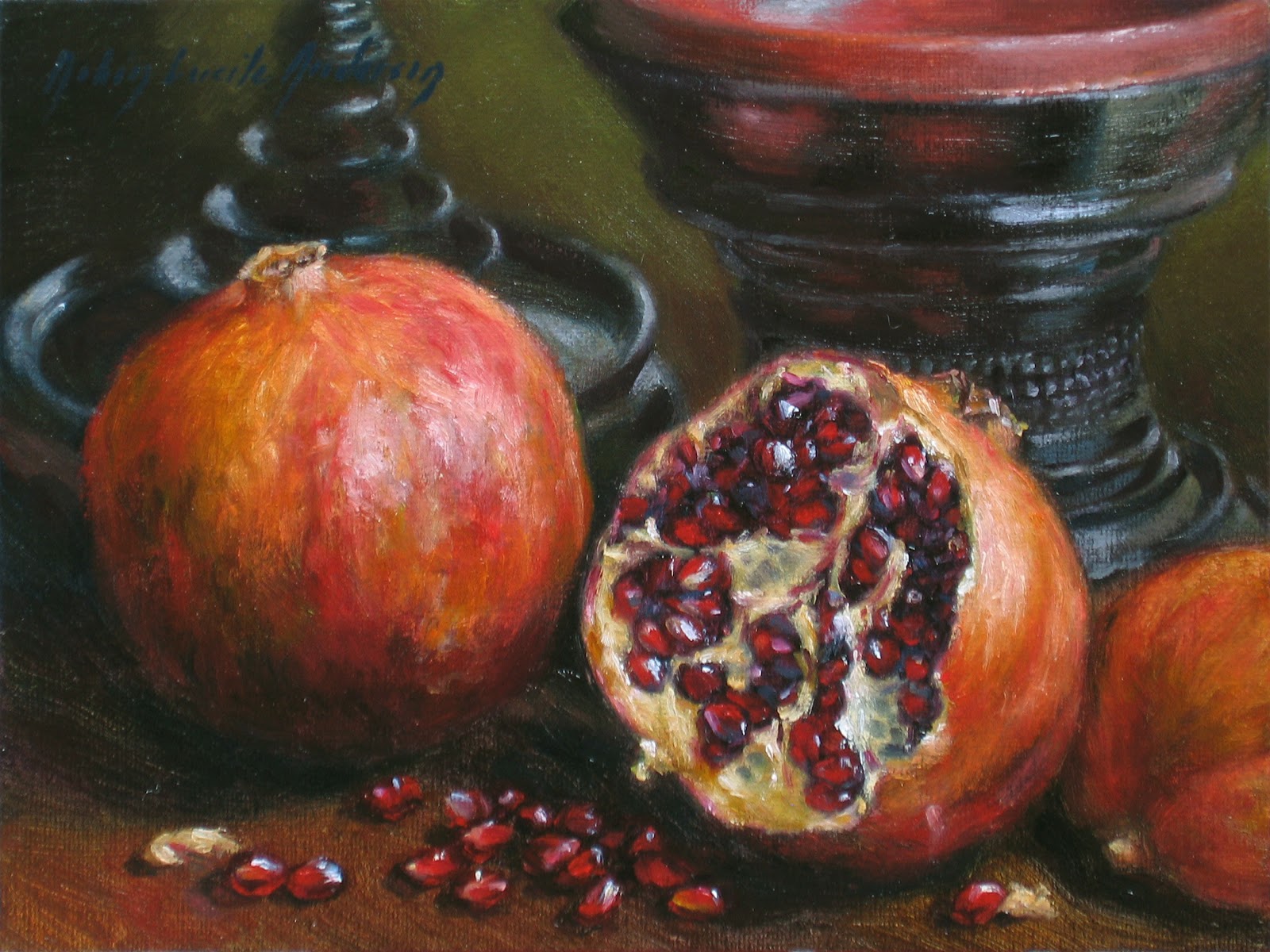 Robin Anderson Fine Art: Fresh pomegranate by Buddhist stupa offering bowl