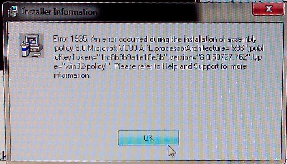An error occurred during login. Error 1935. Info Error. Error 539. Error 1935 an Error occured during the installation.