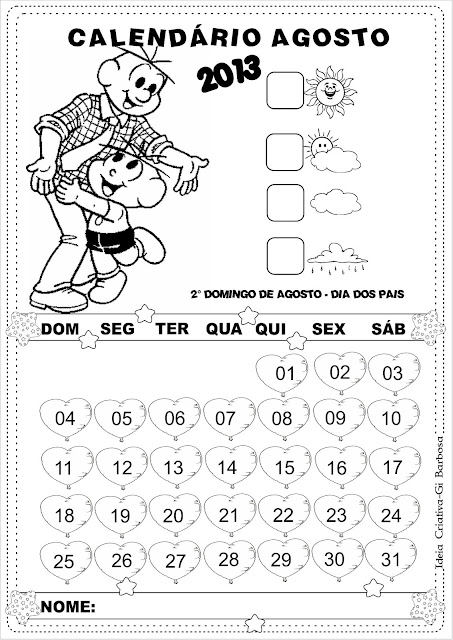 Calendários Agosto 2013 Turma da Mônica - Folclore e Dia do Estudante