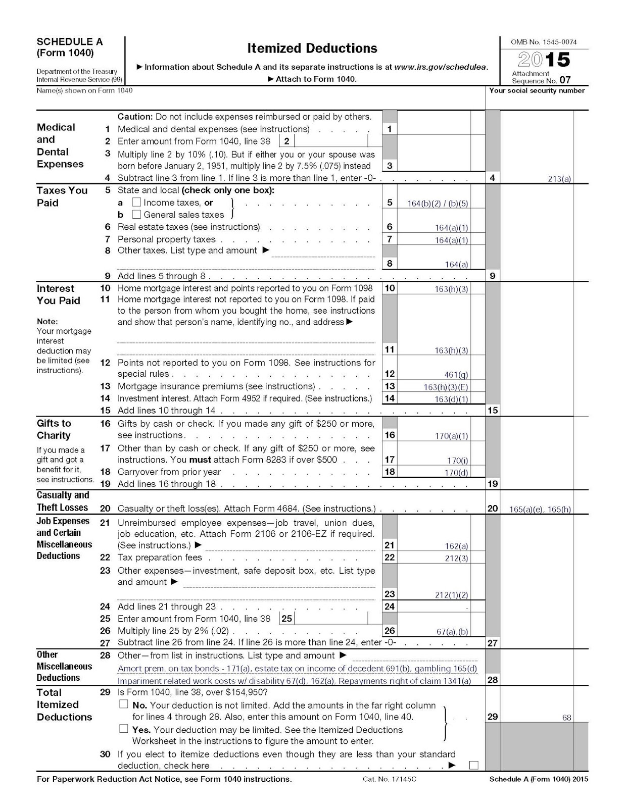 IRS Tax Procedure Code Sections for Form 1040 Schedule A