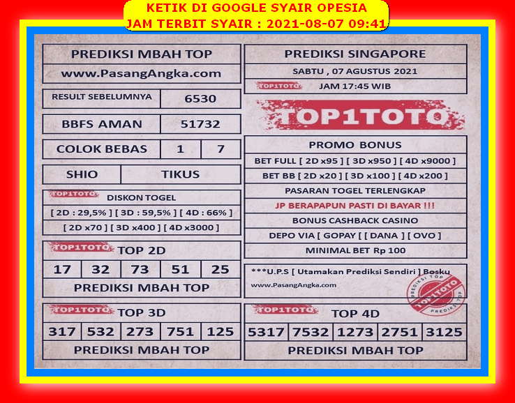 Syair Sgp Hari Ini Sabtu 7 Agustus 2021 Opesia Official
