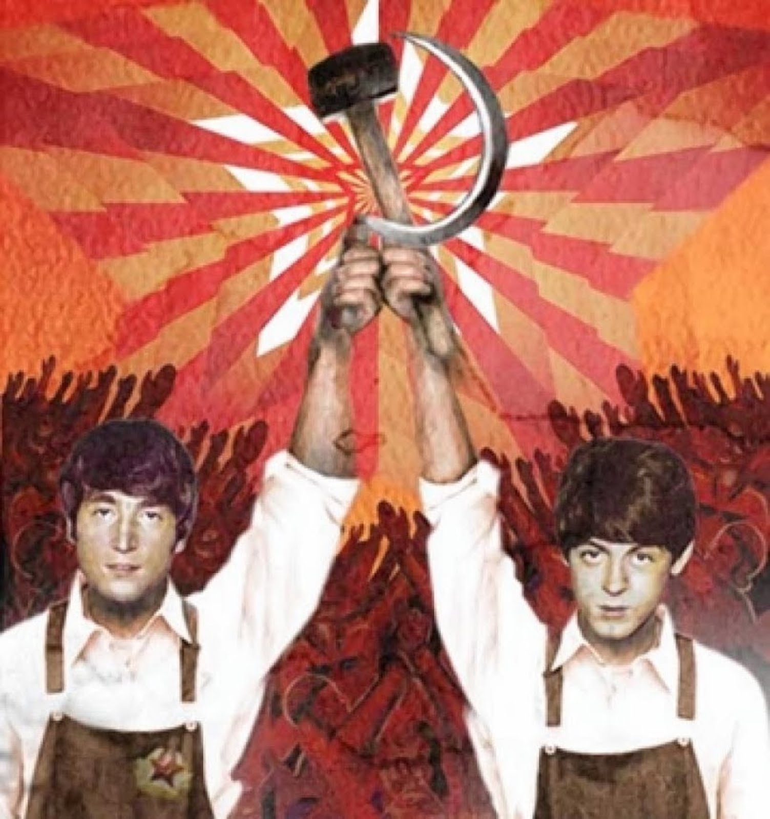 RUSSIAN COMMUNIST HAMMER AND SICKLE HELD UP BY BEATLES JOHN LENNON, AND PAUL McCARTNEY