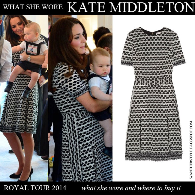 WHAT SHE WORE: Kate Middleton in black and white print knit dress and black  pumps with Prince George in Wellington on April 8 ~ I want her style - What  celebrities wore