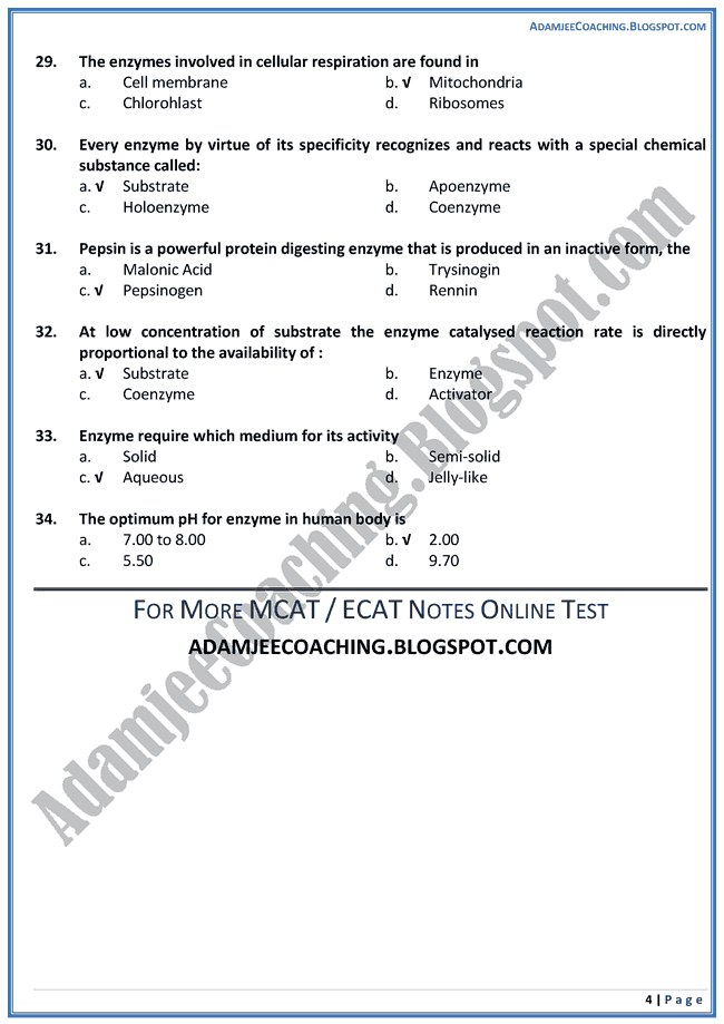 Adamjee Coaching MCAT Biology [Enzymes] Mcqs for Medical Entry Test