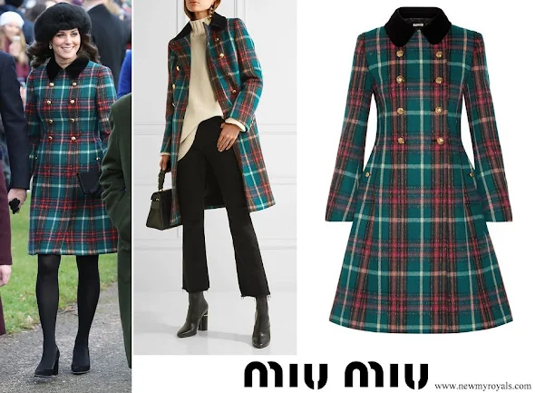 Kate Middleton wore MIU MIU Velvet-trimmed double-breasted tartan wool-blend peacoat