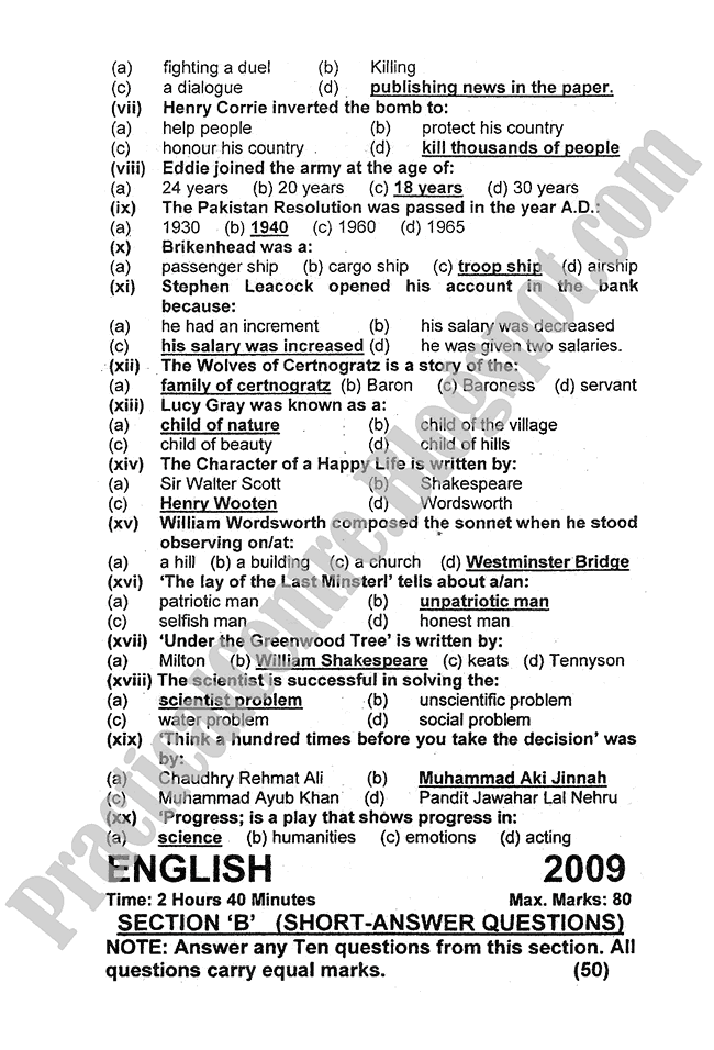 English-2009-five-year-paper-class-XI