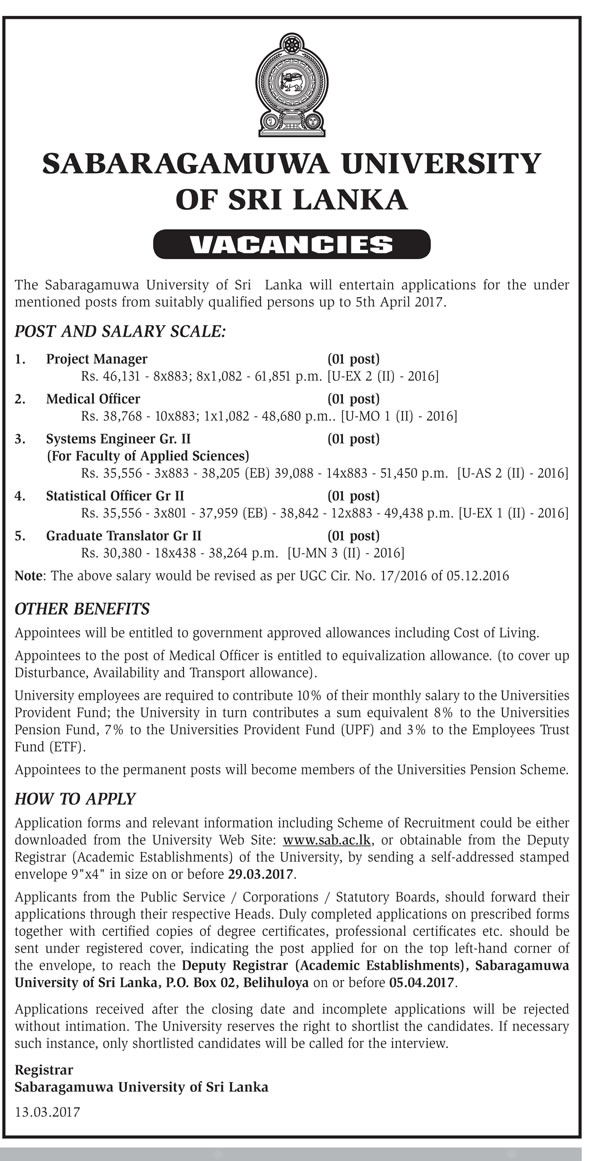 Sri Lankan Government Job Vacancies at Sabaragamuwa University of Sri Lanka for Project Manager, Medical Officer, System Engineer, Statistical Officer, Graduate Translator Sri Lankan Government Job Vacancies at Sabaragamuwa University of Sri Lanka for Project Manager, Medical Officer, System Engineer, Statistical Officer, Graduate Translator