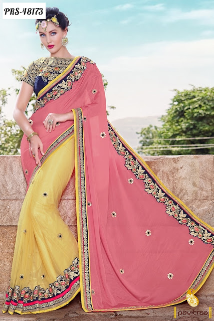 Fashionable pink chiffon designer lehenga saree online shopping with exciting discount deal and sale