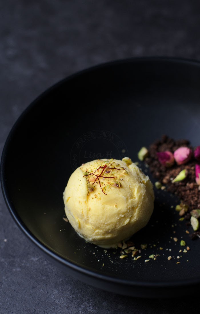 Saffron and rosewater ice-cream, texture is as soft as Italian gelato.