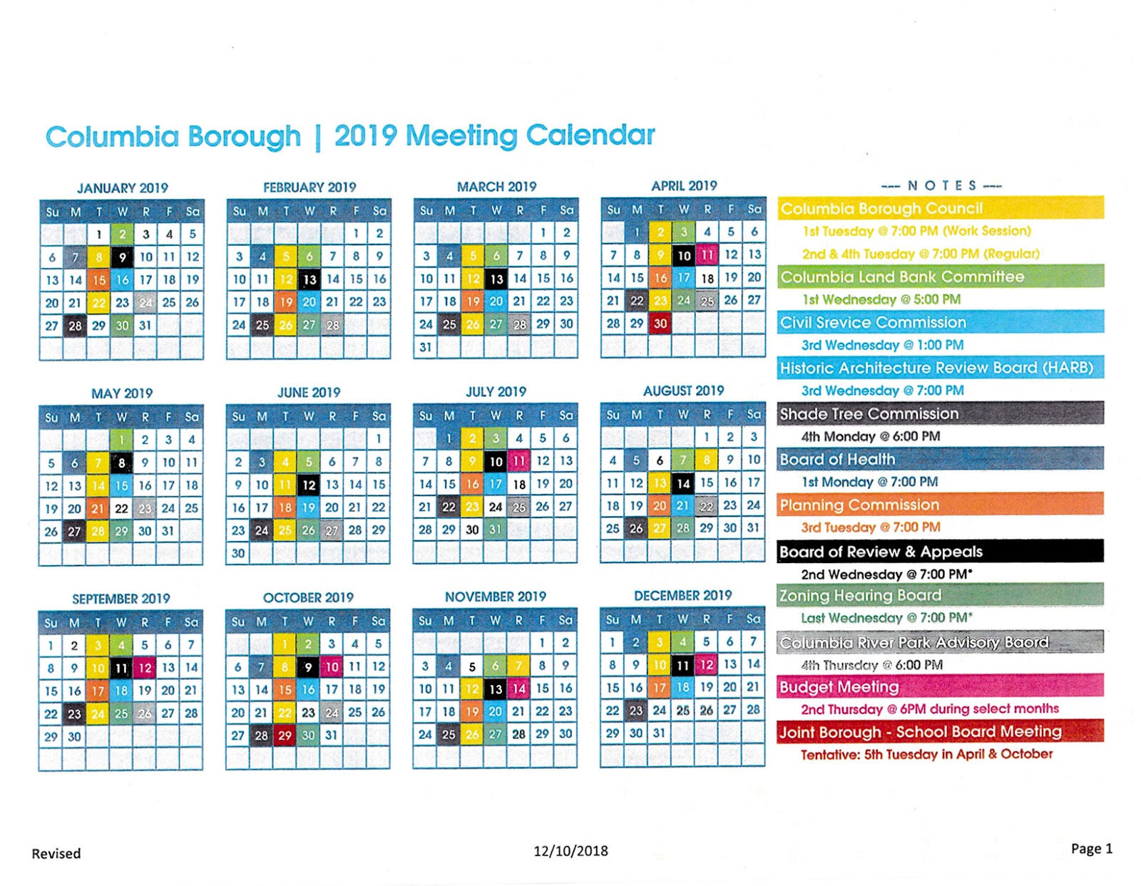 2019 Columbia Borough Meeting Calendar features new meeting format
